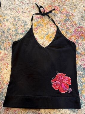 Vintage Rusty Black Halter Tank Top with Pink Floral Accent
